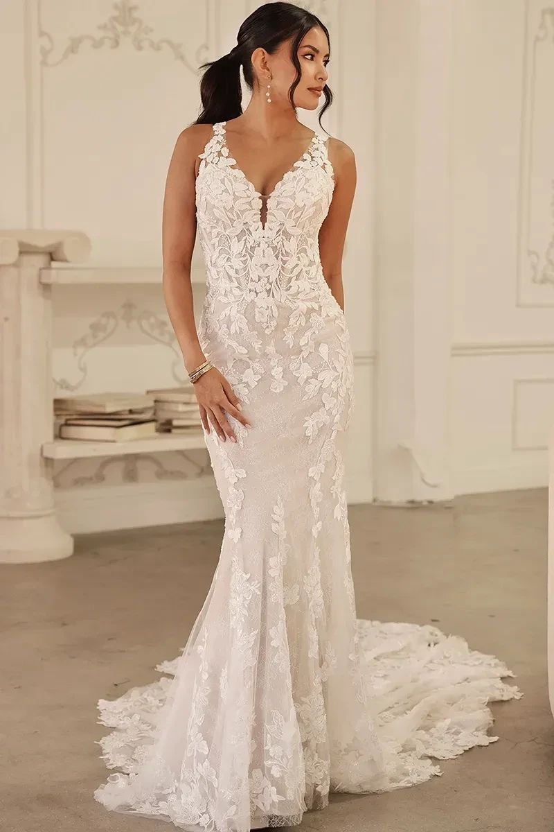 Model wearing a white gown by Pronovias