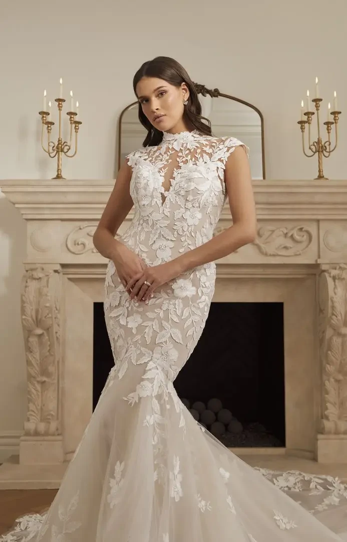 Bride wearing high neck wedding dress