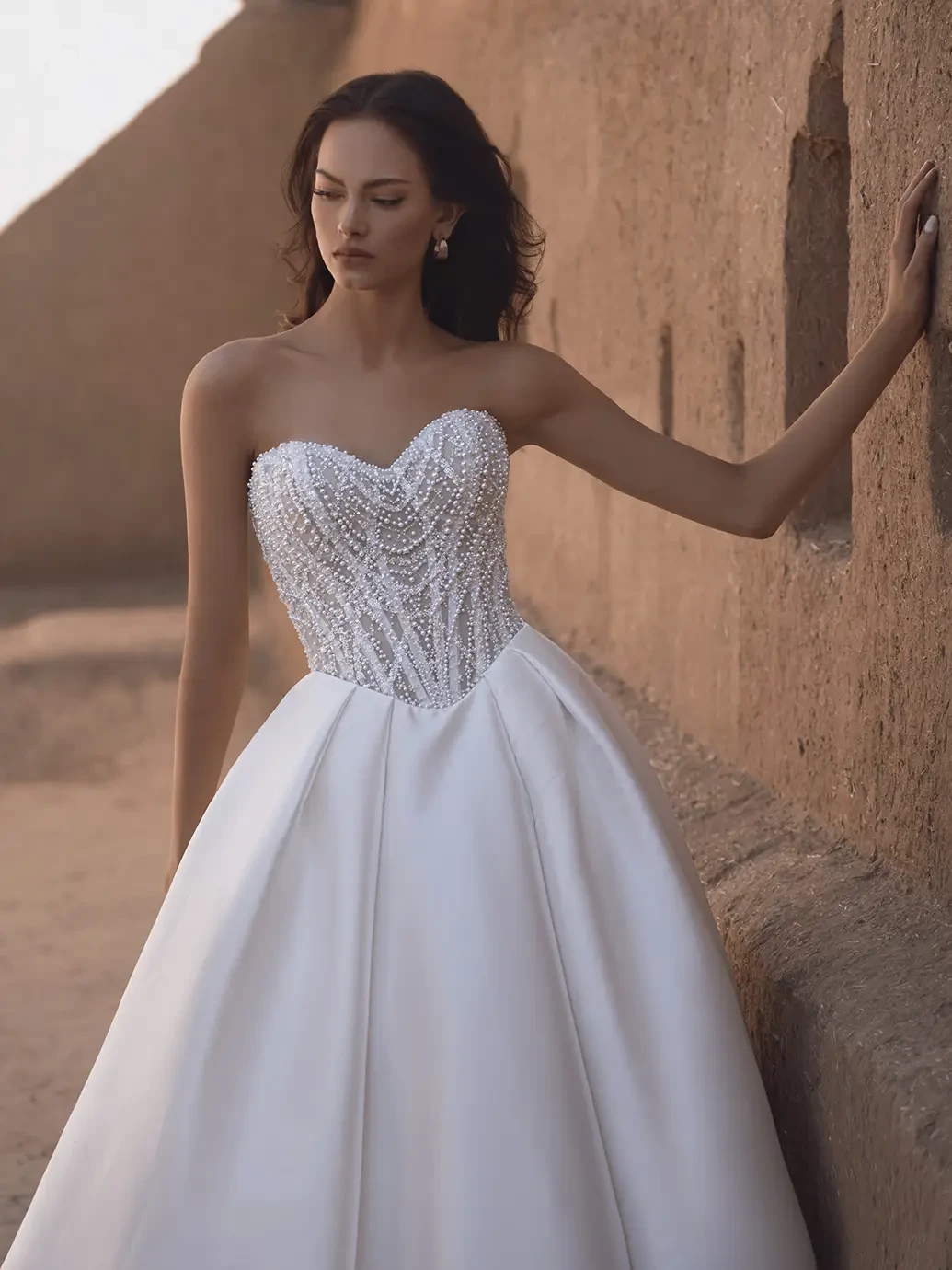 Detail of pearl beading on a wedding dress bodice