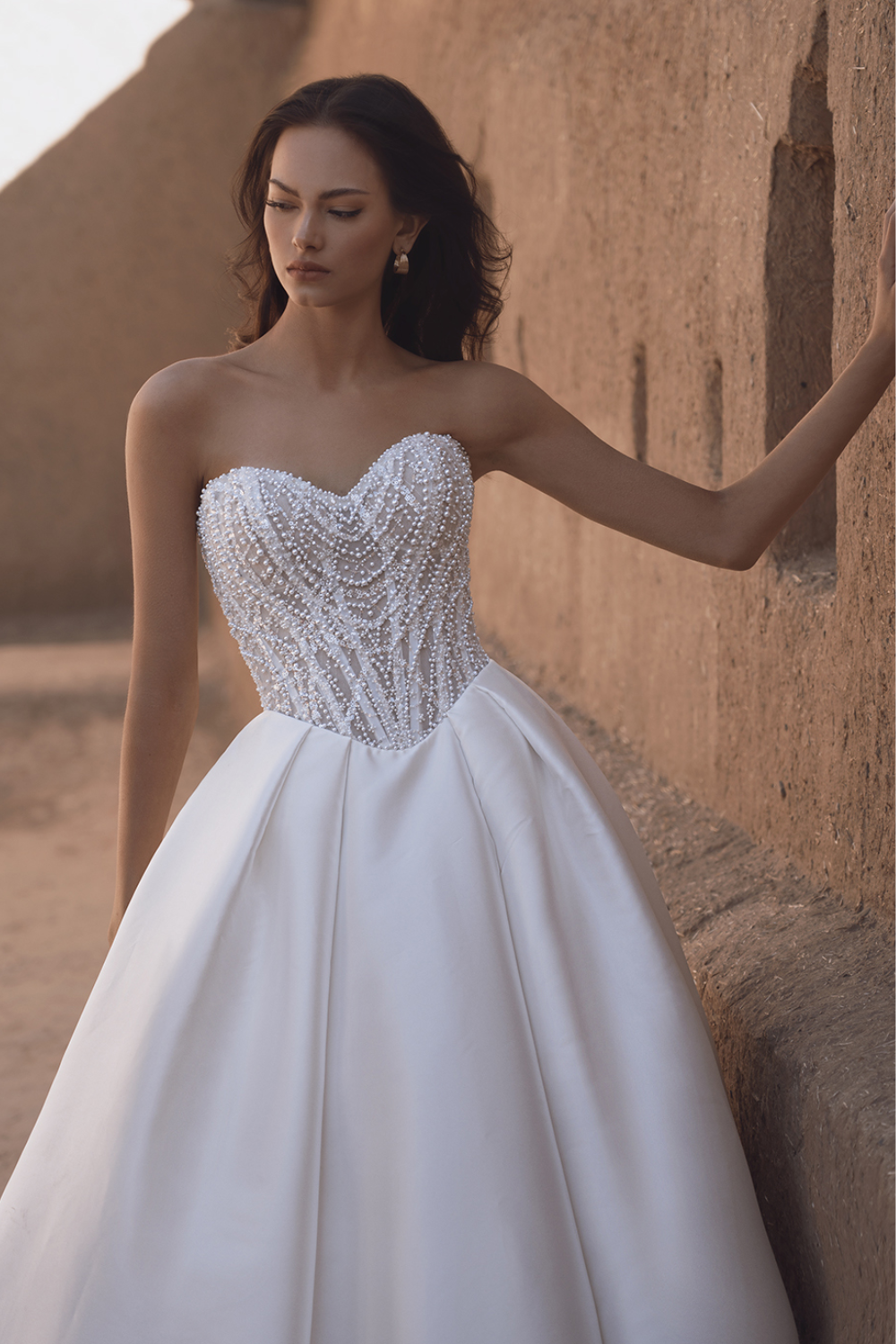 Detail of pearl beading on a wedding dress bodice