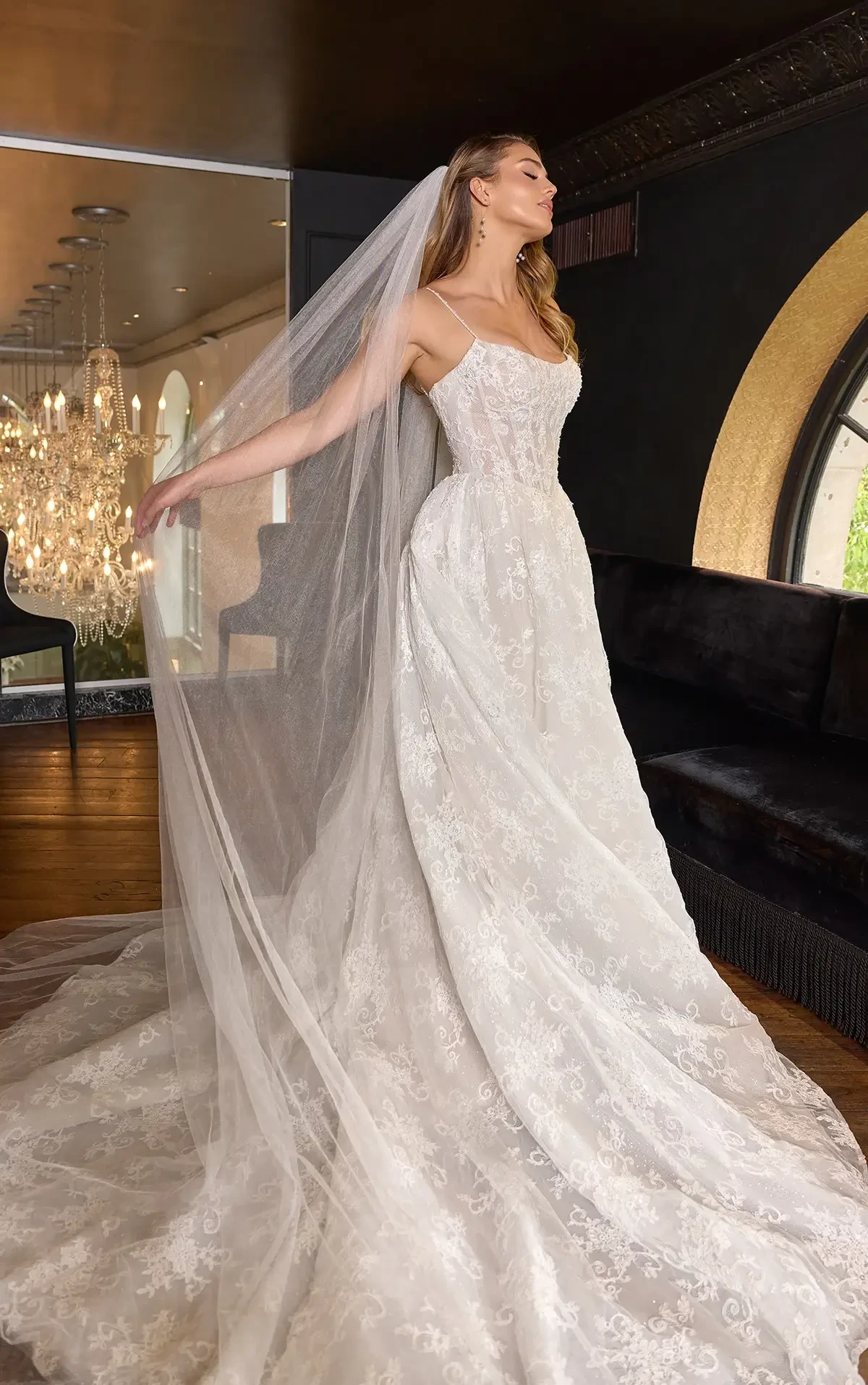 Bride wearing a modern lace wedding dress