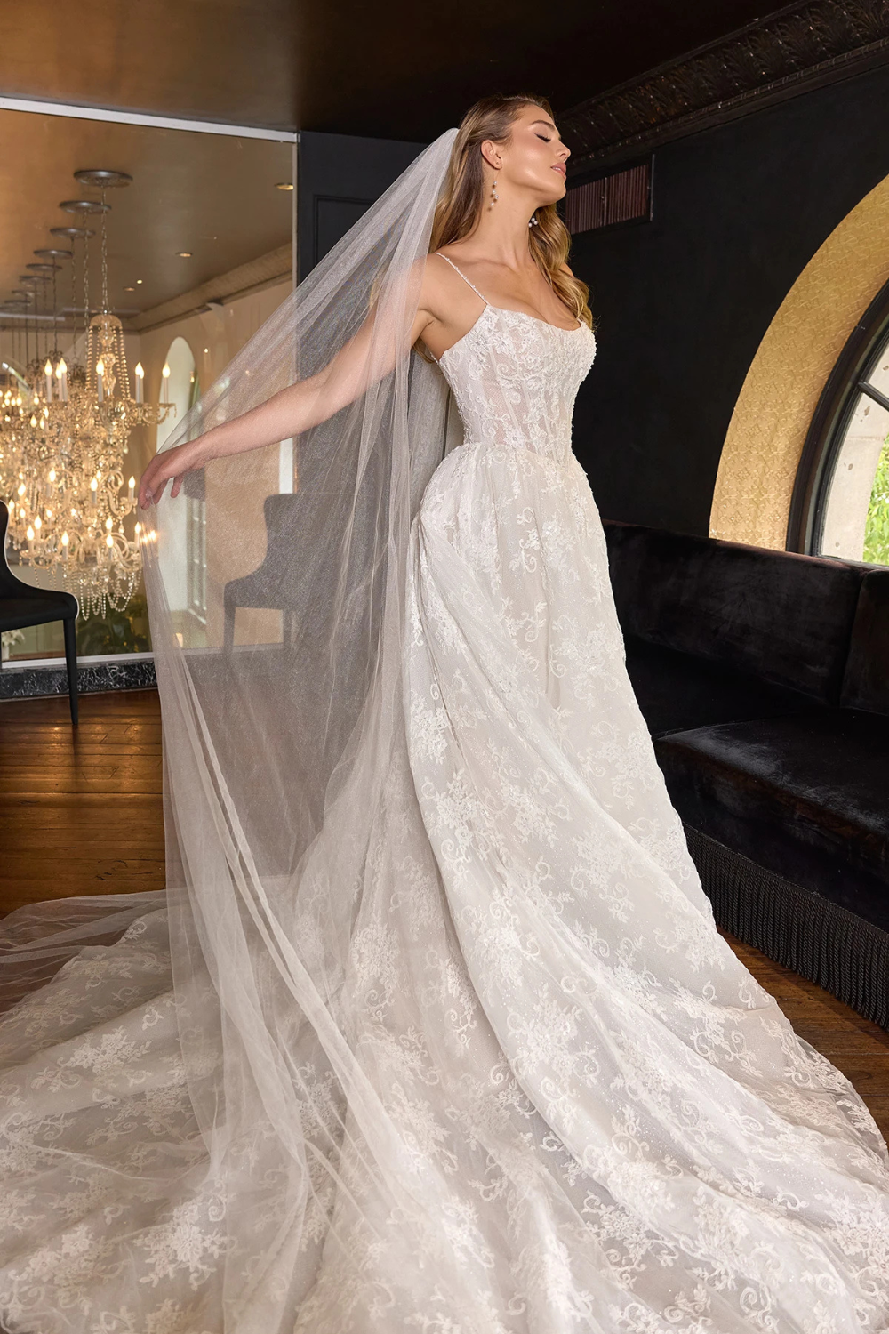 Bride wearing a modern lace wedding dress