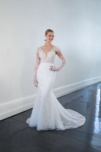 Martina Liana #1526 #0 default (IVRM-PL) Ivory Lace and Tulle over Rum Gown w Porcelain Tulle Plunge thumbnail
