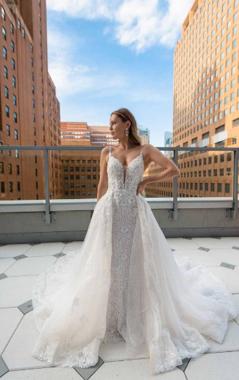 Martina Liana #LE1125IV #0 (IVIV-PL) Ivory Lace & Tulle over Ivory Gown w Porcelain Tulle Plunge thumbnail
